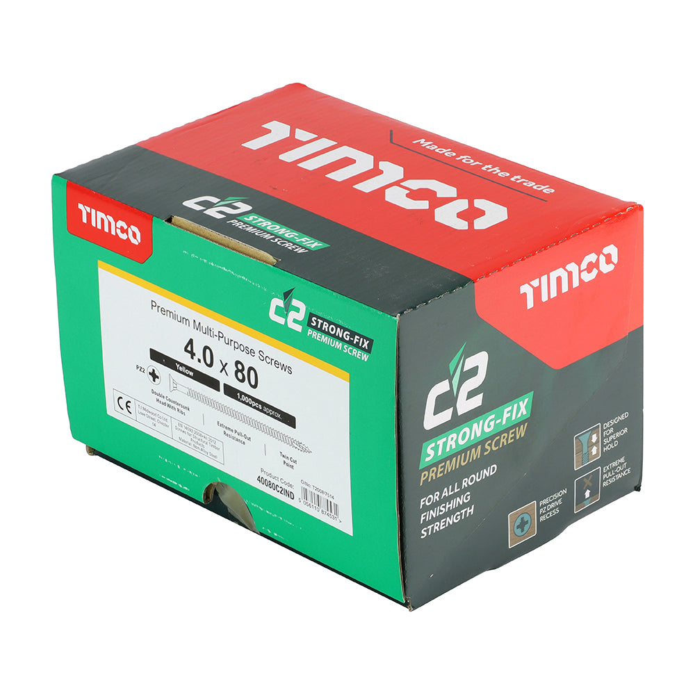 This is an image showing TIMCO C2 Strong-Fix - PZ - Double Countersunk - Twin-Cut - Yellow - 4.0 x 80 - 1000 Pieces Box available from T.H Wiggans Ironmongery in Kendal, quick delivery at discounted prices.