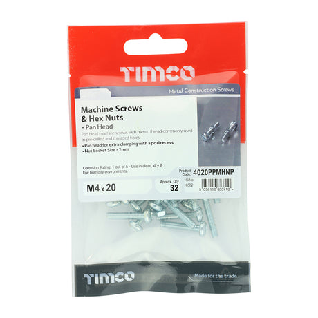 This is an image showing TIMCO Machine Screws - PZ - Pan & Hex Nuts - Zinc - M4 x 20 - 32 Pieces TIMpac available from T.H Wiggans Ironmongery in Kendal, quick delivery at discounted prices.