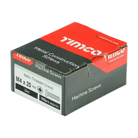 This is an image showing TIMCO Metric Threaded Machine Screws - PZ - Pan Head - Zinc - M4 x 20 - 100 Pieces Box available from T.H Wiggans Ironmongery in Kendal, quick delivery at discounted prices.