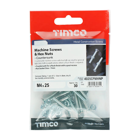 This is an image showing TIMCO Machine Screws - PZ - Countersunk & Hex Nuts - Zinc - M4 x 25 - 30 Pieces TIMpac available from T.H Wiggans Ironmongery in Kendal, quick delivery at discounted prices.