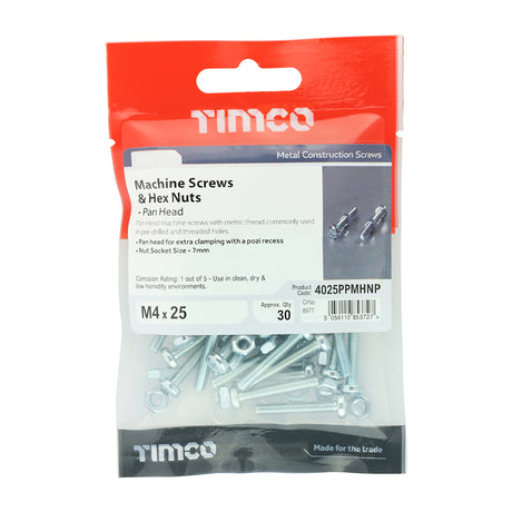 This is an image showing TIMCO Machine Screws - PZ - Pan & Hex Nuts - Zinc - M4 x 25 - 30 Pieces TIMpac available from T.H Wiggans Ironmongery in Kendal, quick delivery at discounted prices.