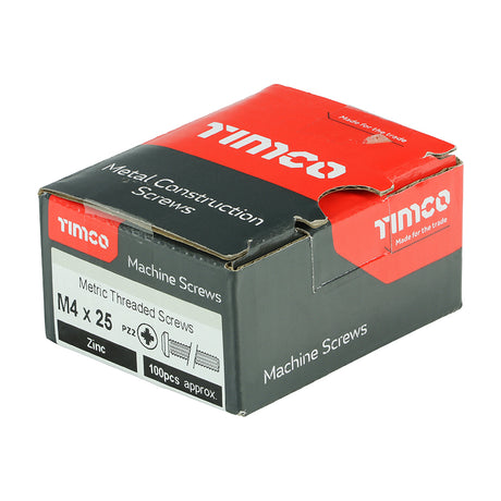 This is an image showing TIMCO Metric Threaded Machine Screws - PZ - Pan Head - Zinc - M4 x 25 - 100 Pieces Box available from T.H Wiggans Ironmongery in Kendal, quick delivery at discounted prices.