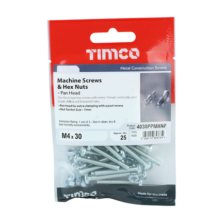 This is an image showing TIMCO Machine Screws - PZ - Pan & Hex Nuts - Zinc - M4 x 30 - 25 Pieces TIMpac available from T.H Wiggans Ironmongery in Kendal, quick delivery at discounted prices.