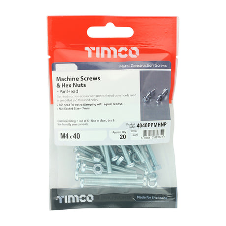 This is an image showing TIMCO Machine Screws - PZ - Pan & Hex Nuts - Zinc - M4 x 40 - 20 Pieces TIMpac available from T.H Wiggans Ironmongery in Kendal, quick delivery at discounted prices.