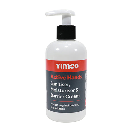 This is an image showing TIMCO Active Hands Sanitiser, Moisturiser & Barrier Cream - 250ml - 1 Each Pump Bottle available from T.H Wiggans Ironmongery in Kendal, quick delivery at discounted prices.