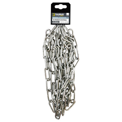 This is an image showing TIMCO Welded Link Chain - Hot Dipped Galvanised - 4 x 32 x 8mm (3m) - 1 Each Clip available from T.H Wiggans Ironmongery in Kendal, quick delivery at discounted prices.