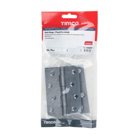 This is an image showing TIMCO Plain Butt Hinge - Fixed Pin (1838) - Self Colour - 100 x 70 - 2 Pieces TIMbag available from T.H Wiggans Ironmongery in Kendal, quick delivery at discounted prices.