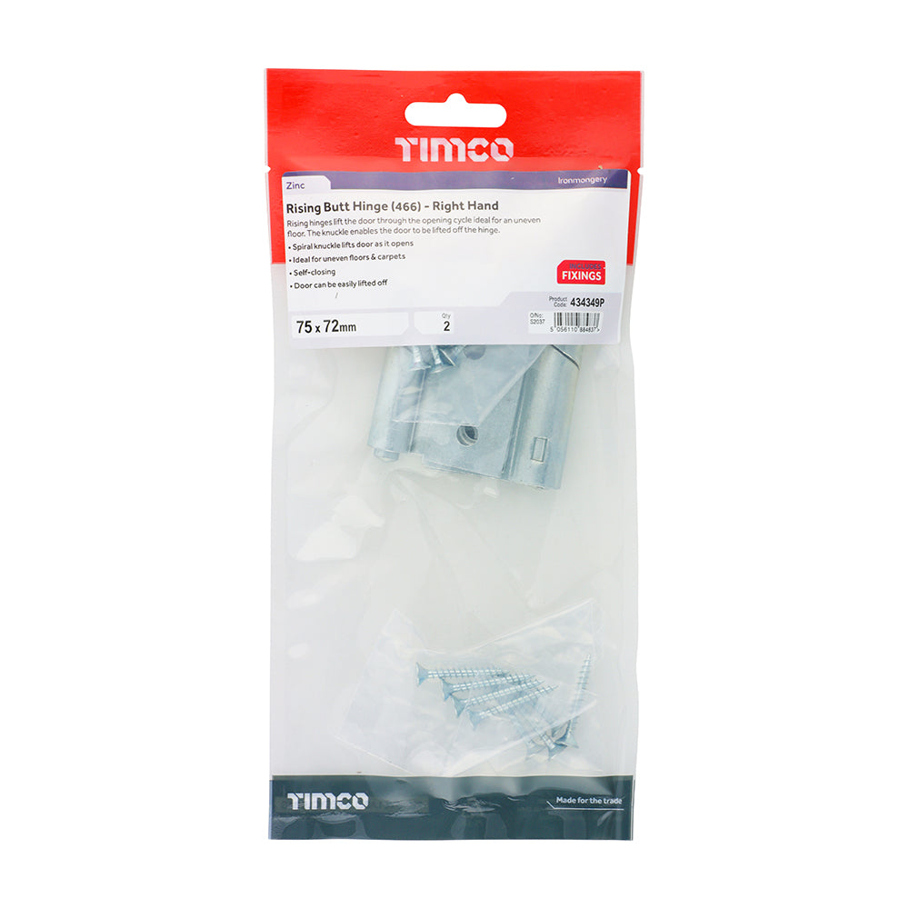 This is an image showing TIMCO Rising Butt Hinge (466) - Right Hand - Zinc - 75 x 72 - 2 Pieces TIMbag available from T.H Wiggans Ironmongery in Kendal, quick delivery at discounted prices.