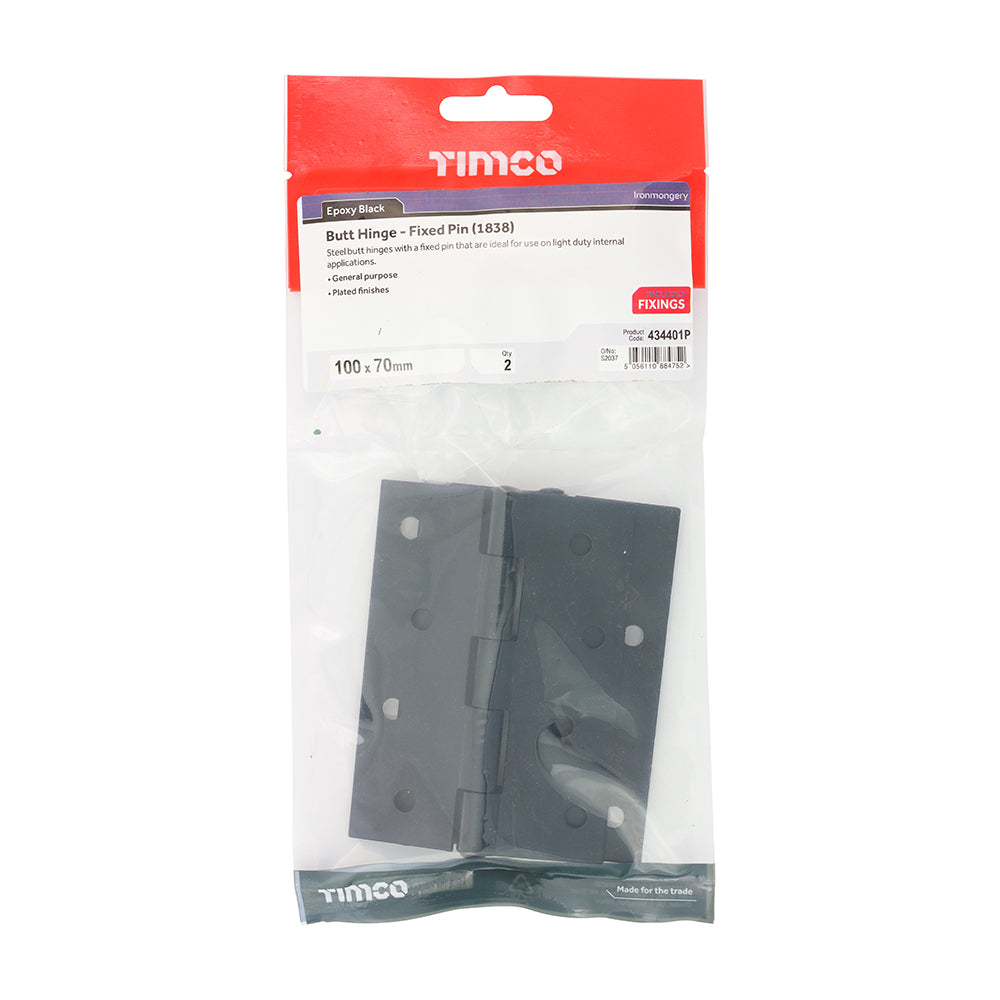 This is an image showing TIMCO Plain Butt Hinge - Fixed Pin (1838) - Black - 100 x 70 - 2 Pieces Plain Bag available from T.H Wiggans Ironmongery in Kendal, quick delivery at discounted prices.