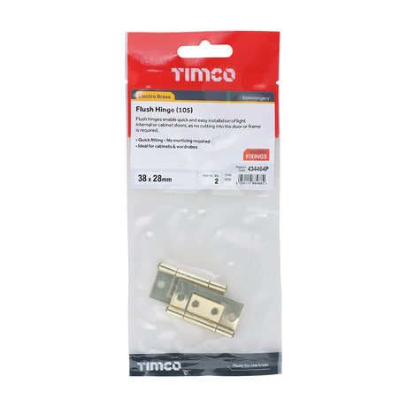 This is an image showing TIMCO Flush Hinge (105) - Electro Brass - 38 x 28 - 2 Pieces TIMpac available from T.H Wiggans Ironmongery in Kendal, quick delivery at discounted prices.