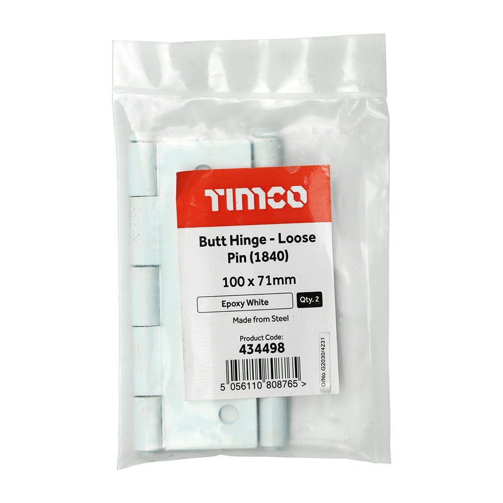 This is an image showing TIMCO Plain Butt Hinge - Loose Pin (1840) - White - 100 x 71 - 2 Pieces Plain Bag available from T.H Wiggans Ironmongery in Kendal, quick delivery at discounted prices.