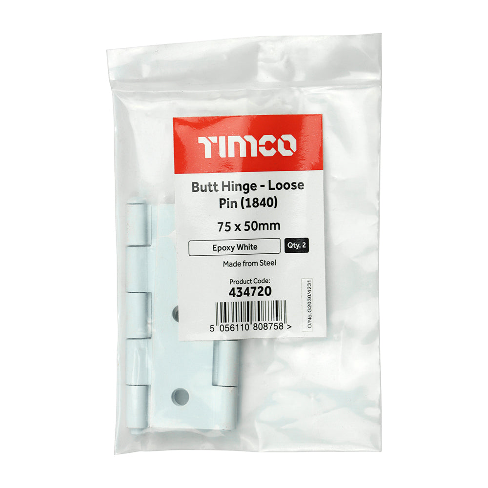 This is an image showing TIMCO Plain Butt Hinge - Loose Pin (1840) - White - 75 x 50 - 2 Pieces Plain Bag available from T.H Wiggans Ironmongery in Kendal, quick delivery at discounted prices.