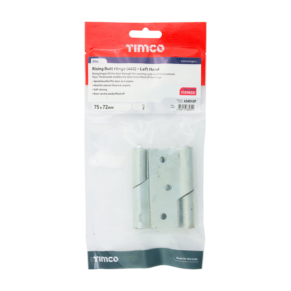 This is an image showing TIMCO Rising Butt Hinge (466) - Left Hand - Zinc - 75 x 72 - 2 Pieces TIMbag available from T.H Wiggans Ironmongery in Kendal, quick delivery at discounted prices.