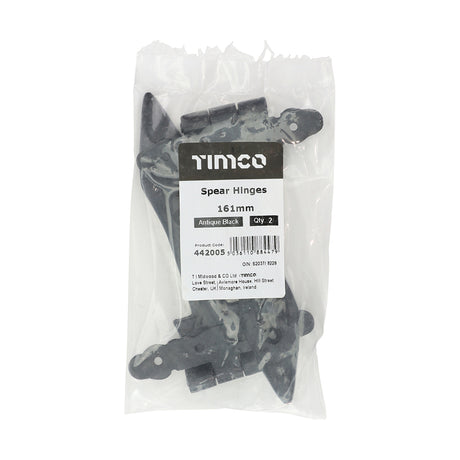 This is an image showing TIMCO Pair of Spear Hinges - Antique Black - 161mm - 2 Pieces Bag available from T.H Wiggans Ironmongery in Kendal, quick delivery at discounted prices.