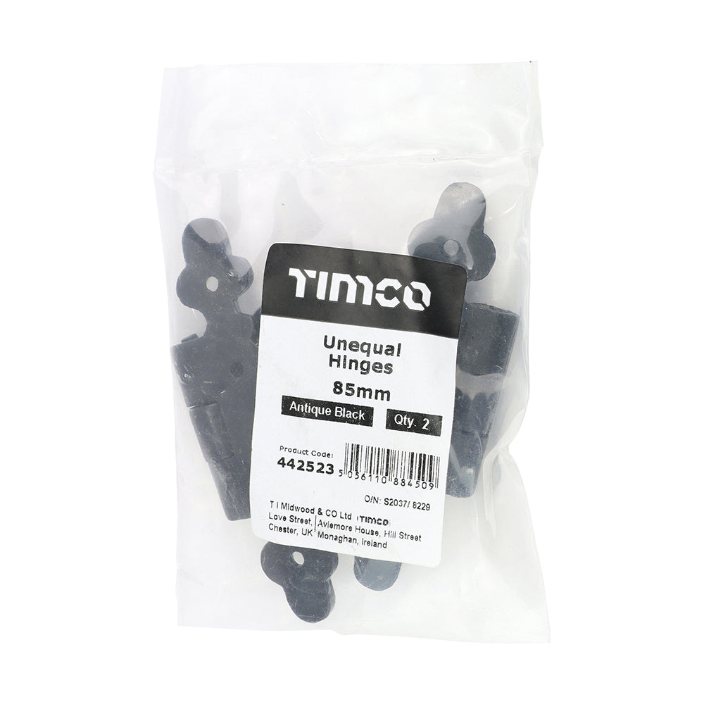 This is an image showing TIMCO Pair of Unequal Hinges - Antique Black - 85mm - 2 Pieces Bag available from T.H Wiggans Ironmongery in Kendal, quick delivery at discounted prices.