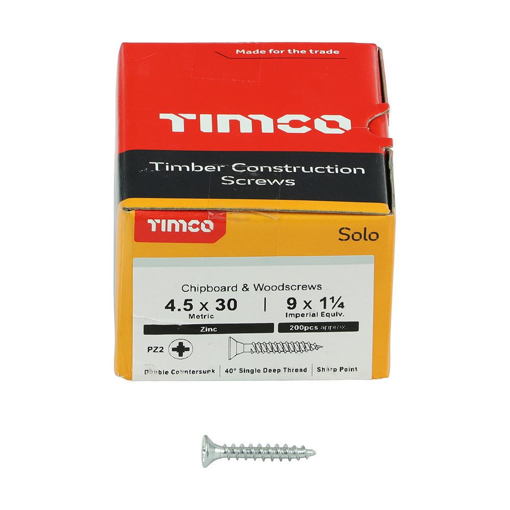 This is an image showing TIMCO Solo Chipboard & Woodscrews - PZ - Double Countersunk - Zinc - 4.5 x 30 - 200 Pieces Box available from T.H Wiggans Ironmongery in Kendal, quick delivery at discounted prices.