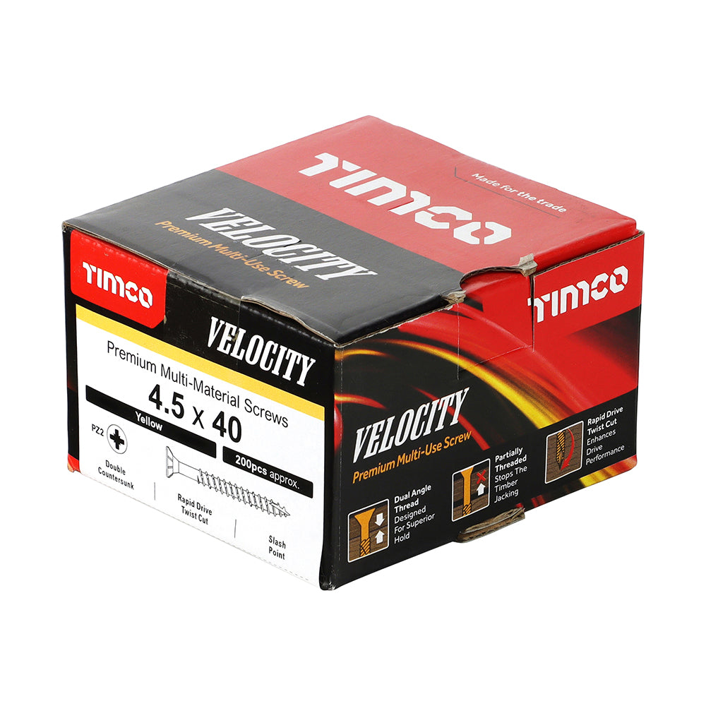 This is an image showing TIMCO Velocity Premium Multi-Use Screws - PZ - Double Countersunk - Yellow
- 4.5 x 40 - 200 Pieces Box available from T.H Wiggans Ironmongery in Kendal, quick delivery at discounted prices.