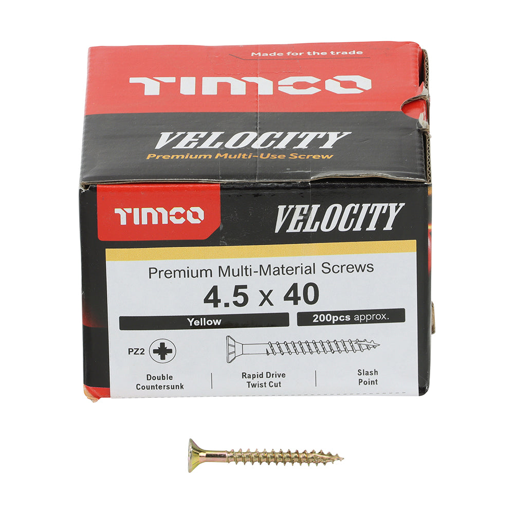 This is an image showing TIMCO Velocity Premium Multi-Use Screws - PZ - Double Countersunk - Yellow
- 4.5 x 40 - 200 Pieces Box available from T.H Wiggans Ironmongery in Kendal, quick delivery at discounted prices.
