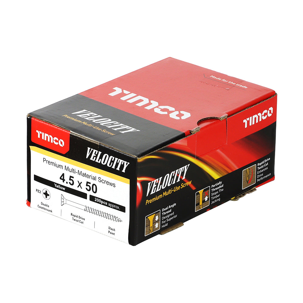 This is an image showing TIMCO Velocity Premium Multi-Use Screws - PZ - Double Countersunk - Yellow
- 4.5 x 50 - 200 Pieces Box available from T.H Wiggans Ironmongery in Kendal, quick delivery at discounted prices.