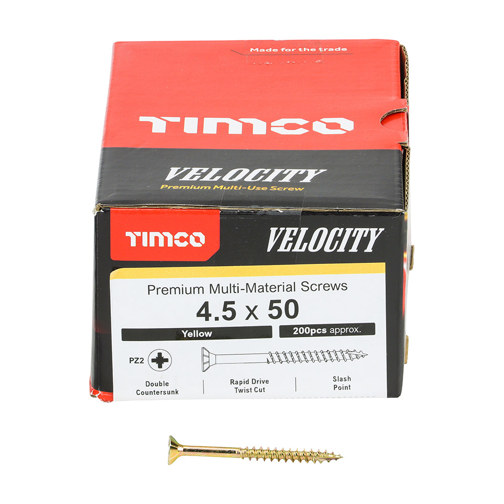 This is an image showing TIMCO Velocity Premium Multi-Use Screws - PZ - Double Countersunk - Yellow
- 4.5 x 50 - 200 Pieces Box available from T.H Wiggans Ironmongery in Kendal, quick delivery at discounted prices.