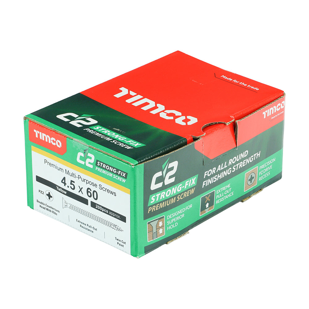 This is an image showing TIMCO C2 Strong-Fix - PZ - Double Countersunk - Twin-Cut - Yellow - 4.5 x 60 - 200 Pieces Box available from T.H Wiggans Ironmongery in Kendal, quick delivery at discounted prices.