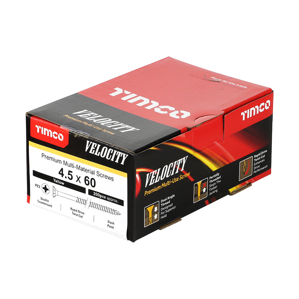 This is an image showing TIMCO Velocity Premium Multi-Use Screws - PZ - Double Countersunk - Yellow
- 4.5 x 60 - 200 Pieces Box available from T.H Wiggans Ironmongery in Kendal, quick delivery at discounted prices.