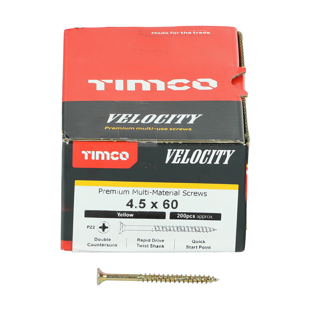 This is an image showing TIMCO Velocity Premium Multi-Use Screws - PZ - Double Countersunk - Yellow
- 4.5 x 60 - 200 Pieces Box available from T.H Wiggans Ironmongery in Kendal, quick delivery at discounted prices.
