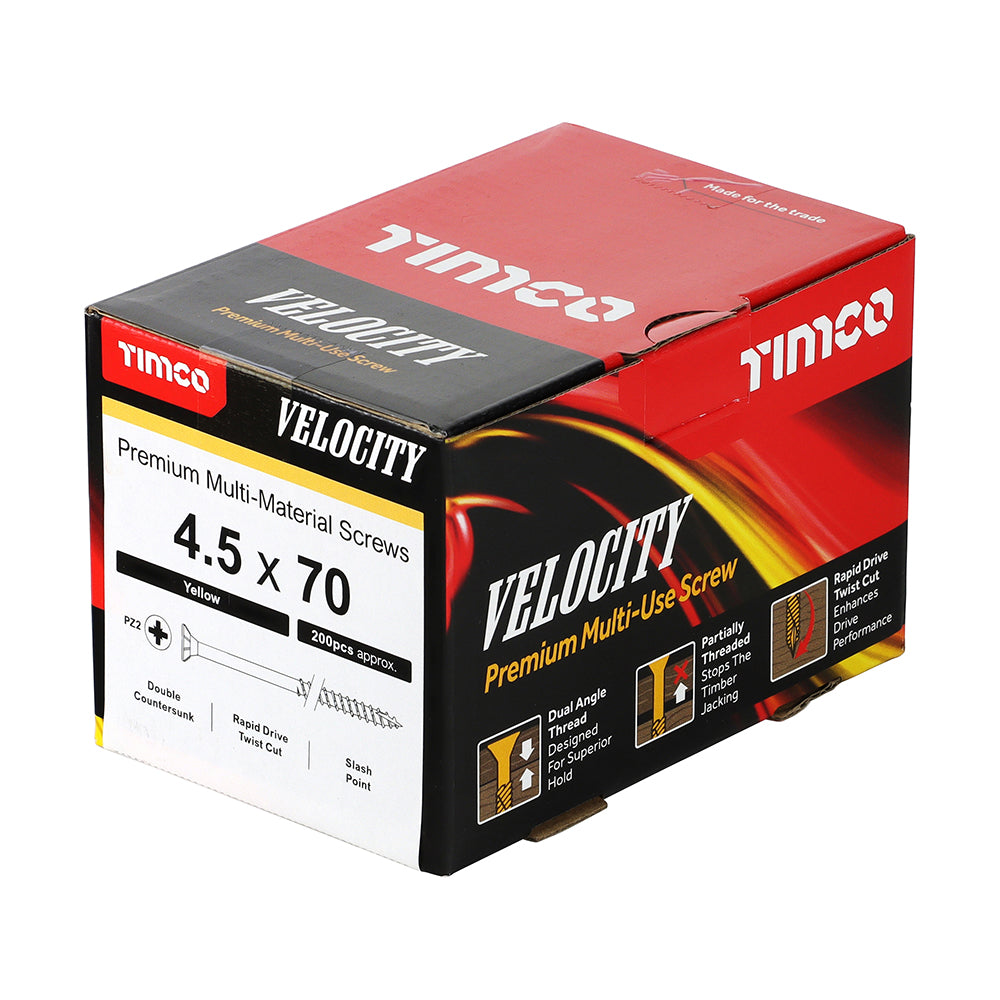 This is an image showing TIMCO Velocity Premium Multi-Use Screws - PZ - Double Countersunk - Yellow
- 4.5 x 70 - 200 Pieces Box available from T.H Wiggans Ironmongery in Kendal, quick delivery at discounted prices.
