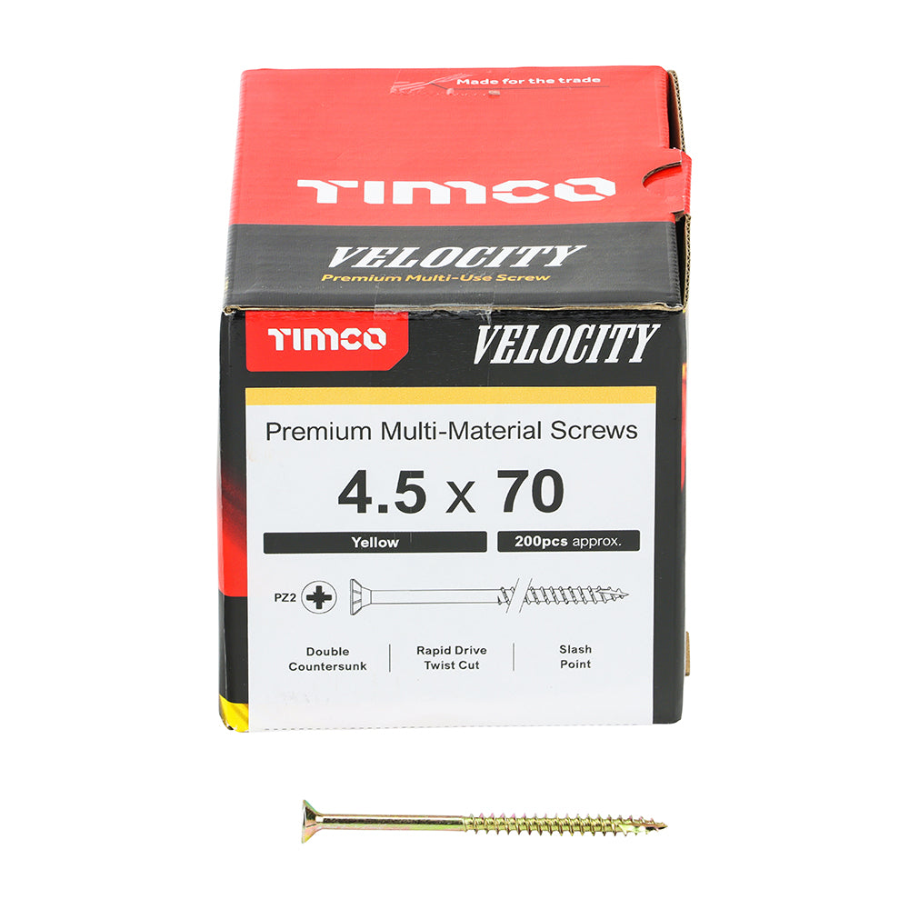 This is an image showing TIMCO Velocity Premium Multi-Use Screws - PZ - Double Countersunk - Yellow
- 4.5 x 70 - 200 Pieces Box available from T.H Wiggans Ironmongery in Kendal, quick delivery at discounted prices.