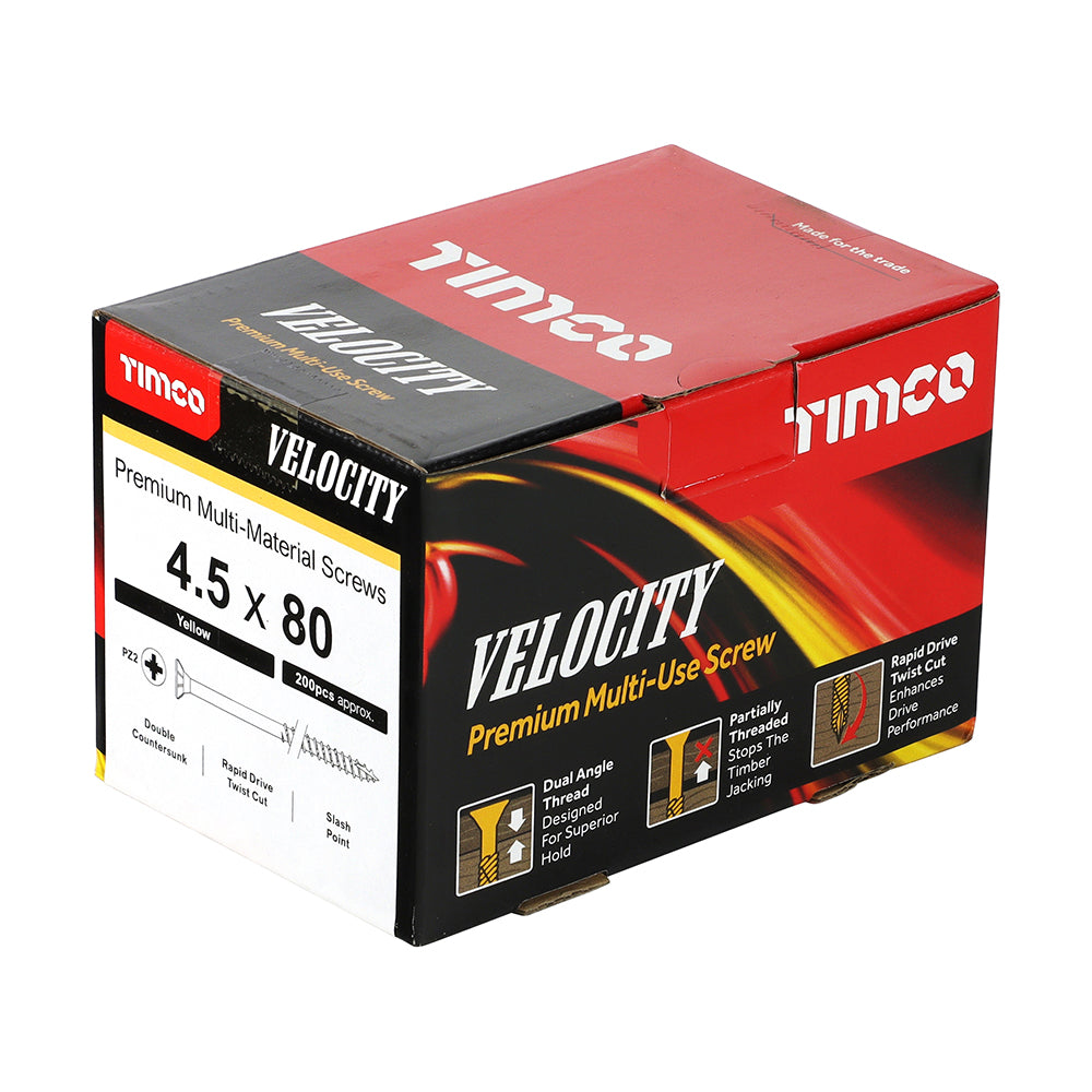 This is an image showing TIMCO Velocity Premium Multi-Use Screws - PZ - Double Countersunk - Yellow
- 4.5 x 80 - 200 Pieces Box available from T.H Wiggans Ironmongery in Kendal, quick delivery at discounted prices.