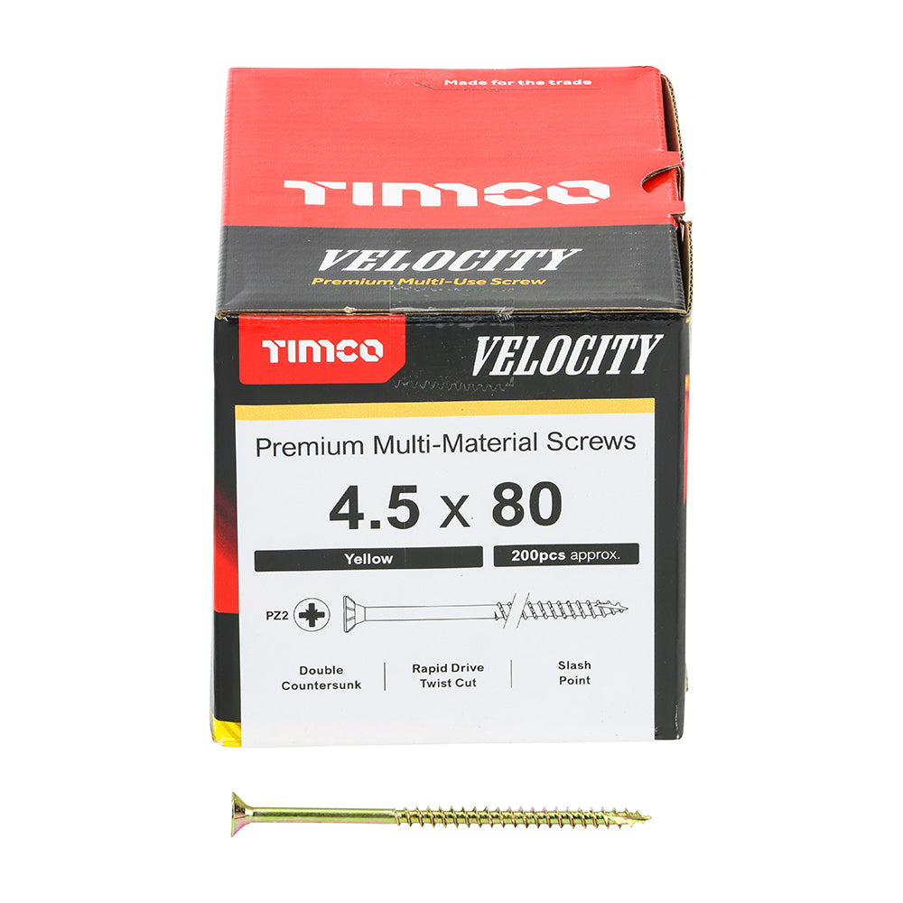 This is an image showing TIMCO Velocity Premium Multi-Use Screws - PZ - Double Countersunk - Yellow
- 4.5 x 80 - 200 Pieces Box available from T.H Wiggans Ironmongery in Kendal, quick delivery at discounted prices.