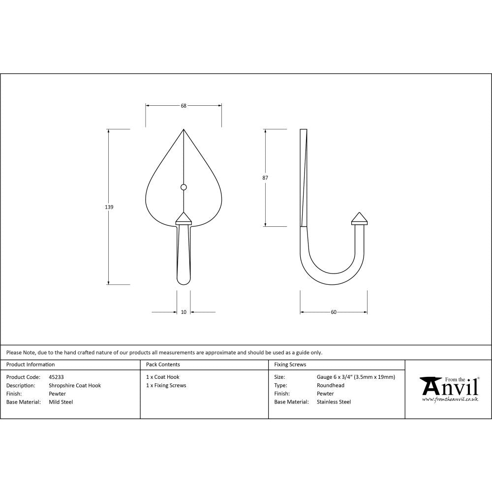 This is an image showing From The Anvil - Pewter Shropshire Coat Hook available from trade door handles, quick delivery and discounted prices