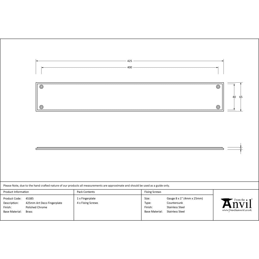 This is an image showing From The Anvil - Polished Chrome 425mm Art Deco Fingerplate available from trade door handles, quick delivery and discounted prices