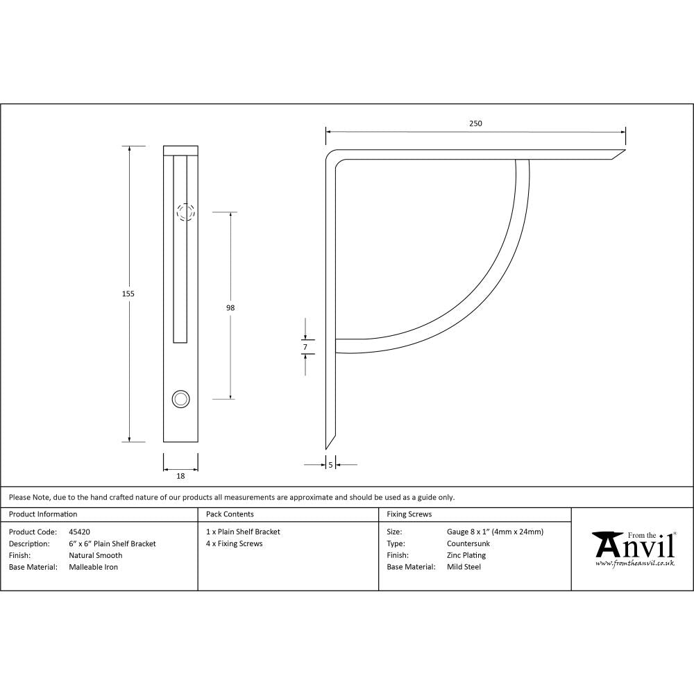 This is an image showing From The Anvil - Natural Smooth 6'' x 6'' Plain Shelf Bracket available from trade door handles, quick delivery and discounted prices