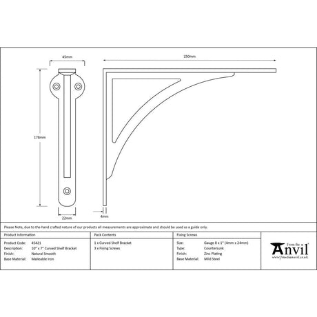 This is an image showing From The Anvil - Natural Smooth 10'' x 7'' Curved Shelf Bracket available from trade door handles, quick delivery and discounted prices
