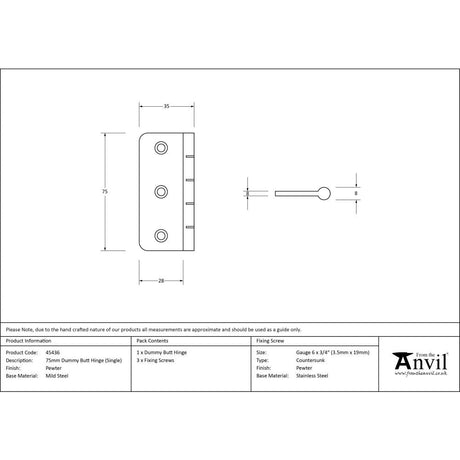 This is an image showing From The Anvil - Pewter 3" Dummy Butt Hinge (Single) available from T.H Wiggans Architectural Ironmongery, quick delivery and discounted prices