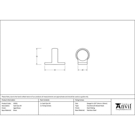 This is an image showing From The Anvil - Aged Brass Sash Eye Lift available from T.H Wiggans Architectural Ironmongery in Kendal, quick delivery and discounted prices
