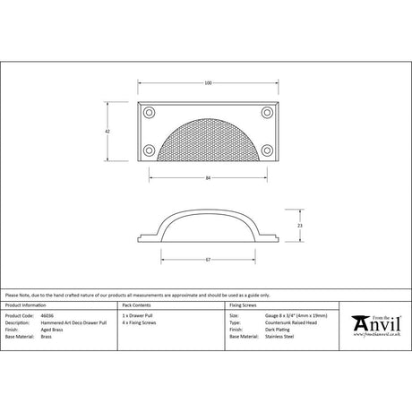 This is an image showing From The Anvil - Aged Brass Hammered Art Deco Drawer Pull available from trade door handles, quick delivery and discounted prices