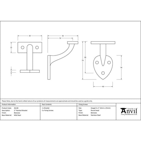 This is an image showing From The Anvil - Beeswax 2" Handrail Bracket available from trade door handles, quick delivery and discounted prices