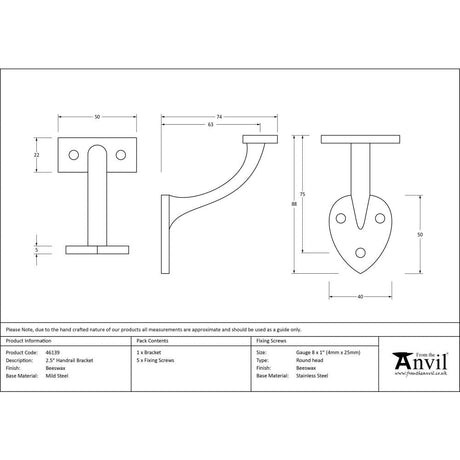 This is an image showing From The Anvil - Beeswax 2.5" Handrail Bracket available from trade door handles, quick delivery and discounted prices