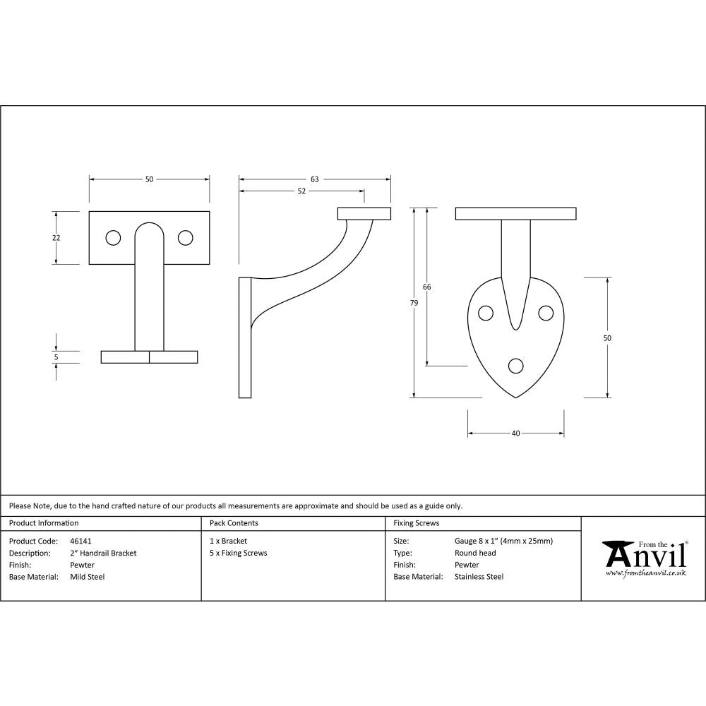 This is an image showing From The Anvil - Pewter 2" Handrail Bracket available from trade door handles, quick delivery and discounted prices