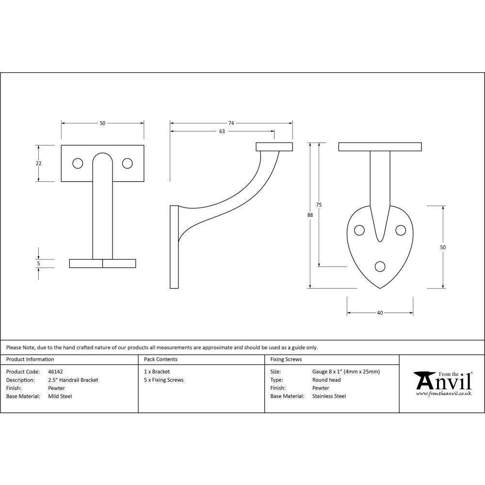 This is an image showing From The Anvil - Pewter 2.5" Handrail Bracket available from trade door handles, quick delivery and discounted prices