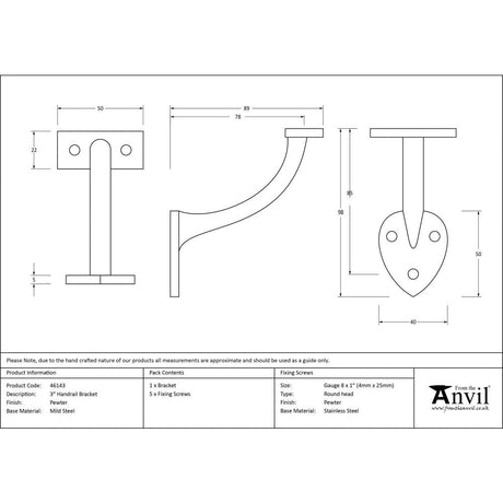 This is an image showing From The Anvil - Pewter 3" Handrail Bracket available from trade door handles, quick delivery and discounted prices