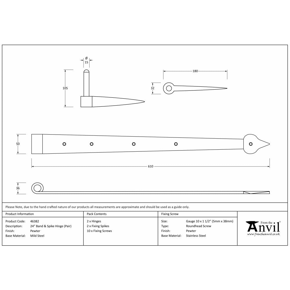 This is an image showing From The Anvil - Pewter 24" Band & Spike Hinge (Pair) available from T.H Wiggans Architectural Ironmongery, quick delivery and discounted prices