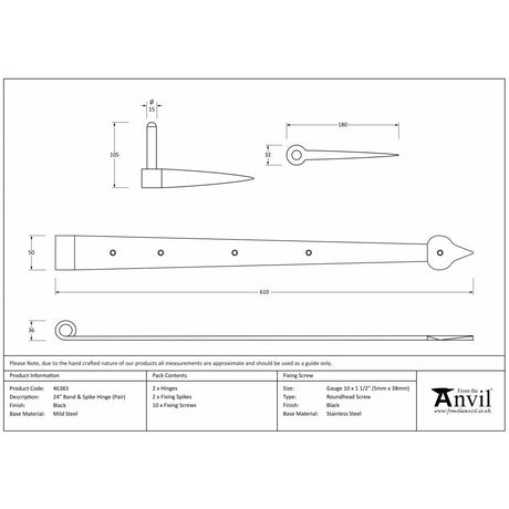 This is an image showing From The Anvil - Black 24" Band & Spike Hinge (Pair) available from T.H Wiggans Architectural Ironmongery, quick delivery and discounted prices