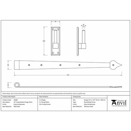 This is an image showing From The Anvil - External Beeswax 24" Hook & Band Hinge (pair) available from T.H Wiggans Architectural Ironmongery, quick delivery and discounted prices