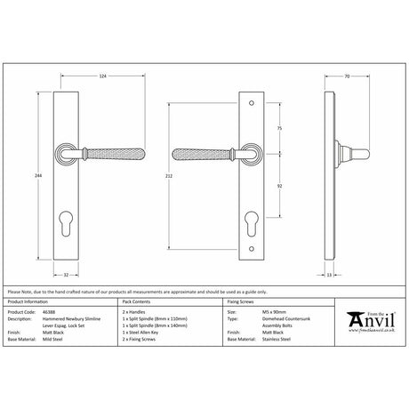 This is an image showing From The Anvil - Matt Black Hammered Newbury Slimline Espag. Lock Set available from trade door handles, quick delivery and discounted prices