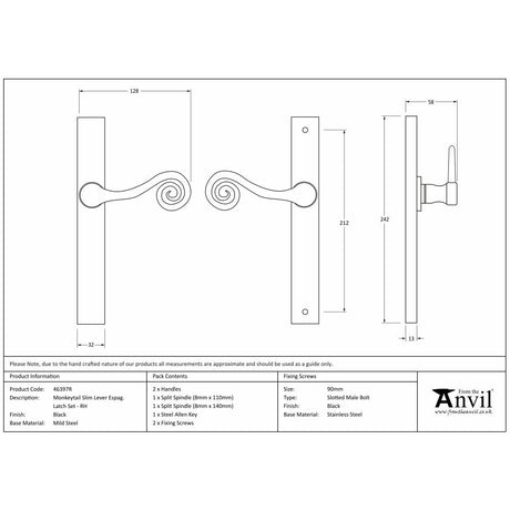 This is an image showing From The Anvil - Black Monkeytail Slimline Lever Espag. Latch Set - RH available from trade door handles, quick delivery and discounted prices
