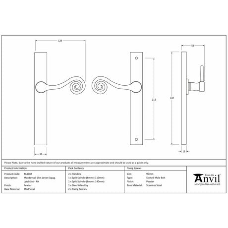 This is an image showing From The Anvil - Pewter Monkeytail Slimline Lever Espag. Latch - RH available from trade door handles, quick delivery and discounted prices
