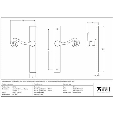 This is an image showing From The Anvil - External Beeswax Monkeytail Slimline Lever Espag. Latch Set -LH available from trade door handles, quick delivery and discounted prices